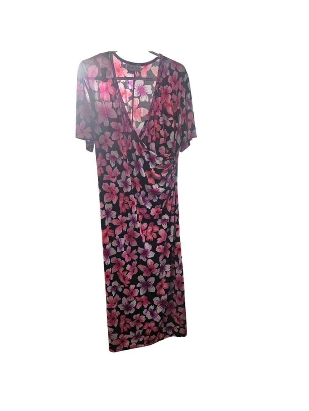 Floral Midi Dress With V-Neck & Ruched Waist By Los Angeles Woman - Black Pink &